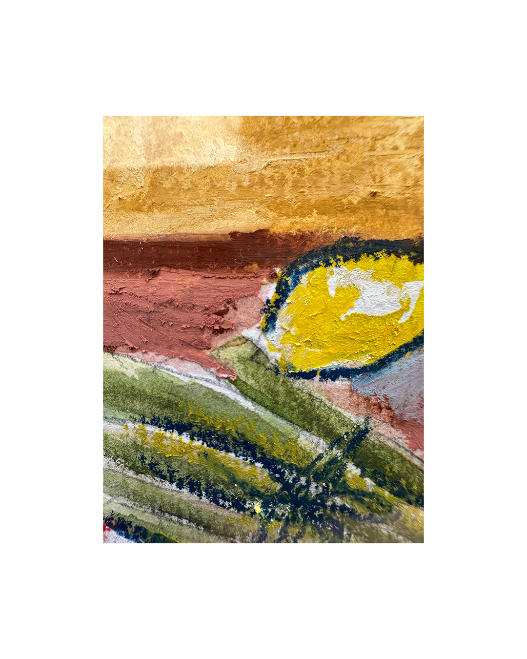 An abstract painting featuring textured brushstrokes in yellow, green, brown, and gold, presented on a white background.