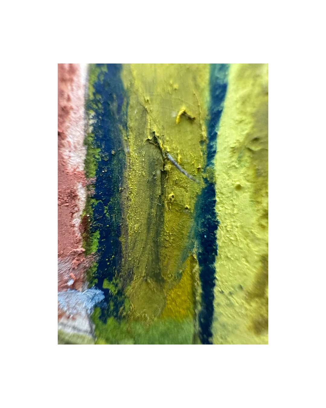 An abstract textured painting featuring thick impasto brushstrokes in olive green, dark blue, yellow, and a strip of reddish-brown on the left, presented on a white background.