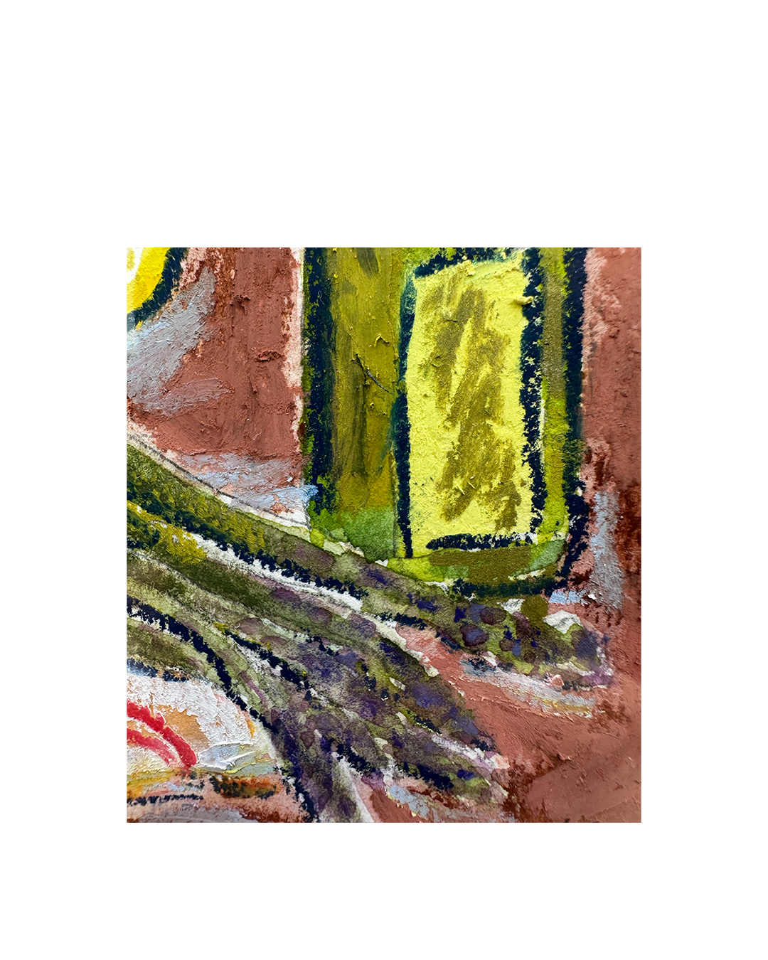 An abstract painting featuring textured brushstrokes in brown, yellow, green, gray, and white, presented on a white background.