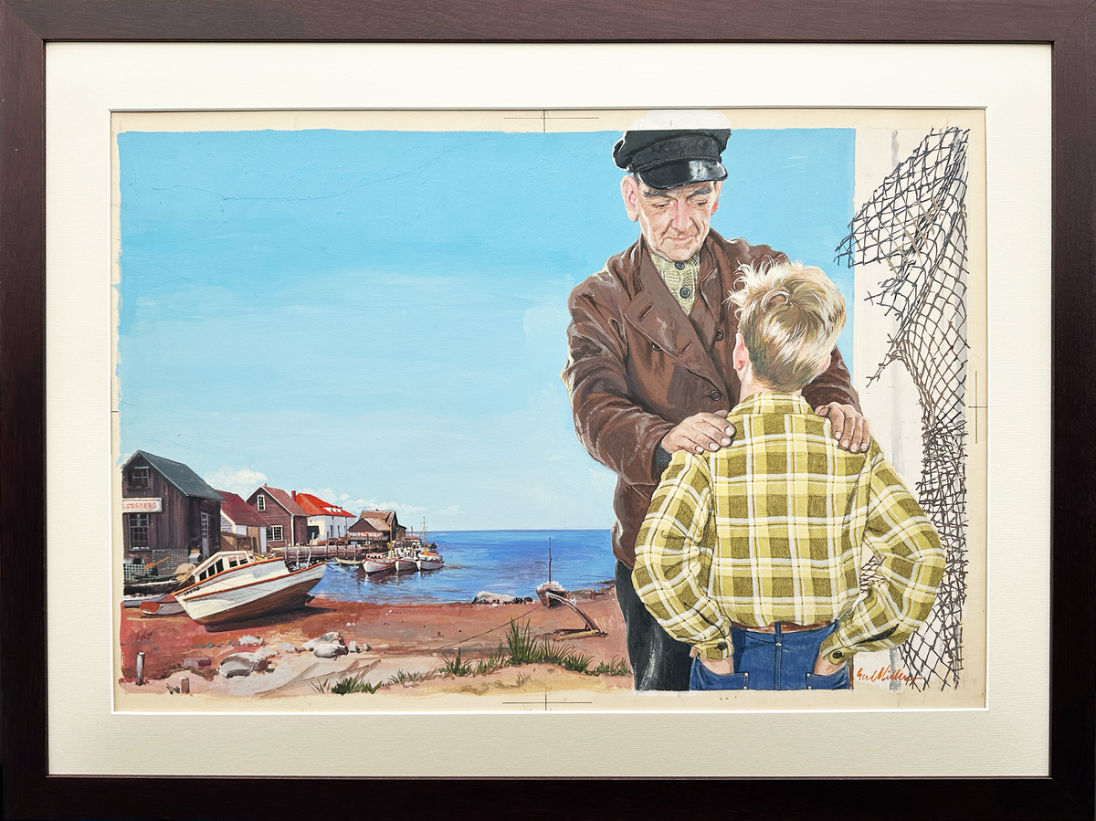 A framed painting depicting an elderly man in a brown jacket and cap standing on a beach by the water, comforting a young boy in a yellow plaid shirt. The scene includes small houses, boats, and a net on the right, set within a white mat and dark wood frame.