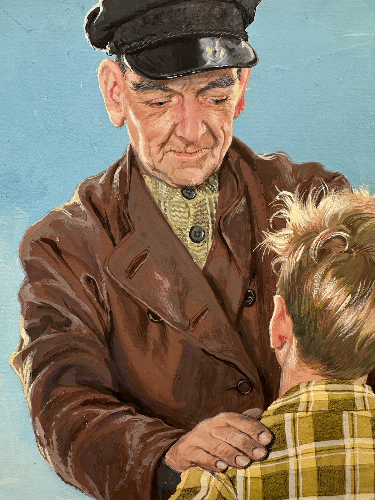 A painted scene showing an older man in a dark cap and brown coat embracing a child, with the man's face clearly visible and the child shown from the back against a light blue background.