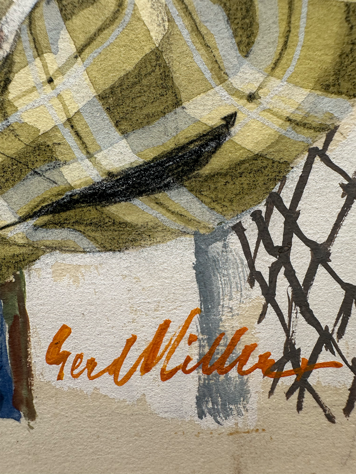 A close-up of an abstract artwork featuring a plaid pattern in olive green, beige, and white, a black brushstroke, a gray textured vertical shape, and an orange cursive signature reading 'Gerd Miller' on a beige paper-like background.