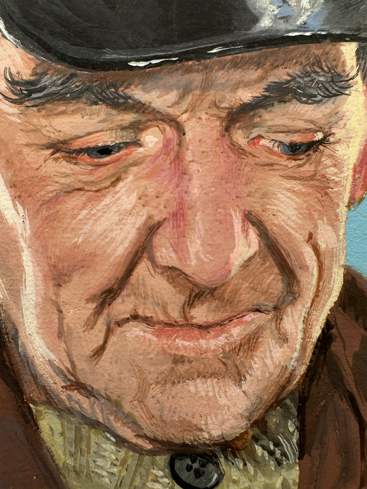 Close-up painted portrait of an older man wearing a dark hat and brown jacket, with visible brushstrokes and a small blue area in the background.