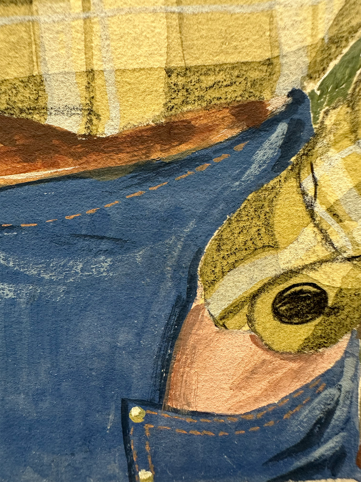 A close-up textured painting or print depicting a person wearing blue denim overalls with gold buttons, a yellow plaid shirt, and a green hat.