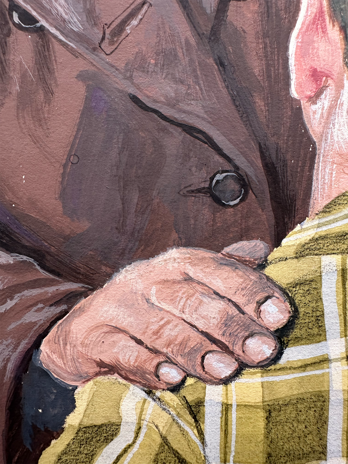 Close-up painted scene of a person in a brown coat embracing another person wearing a yellow plaid garment, with visible hand, ear, and shoulder area.