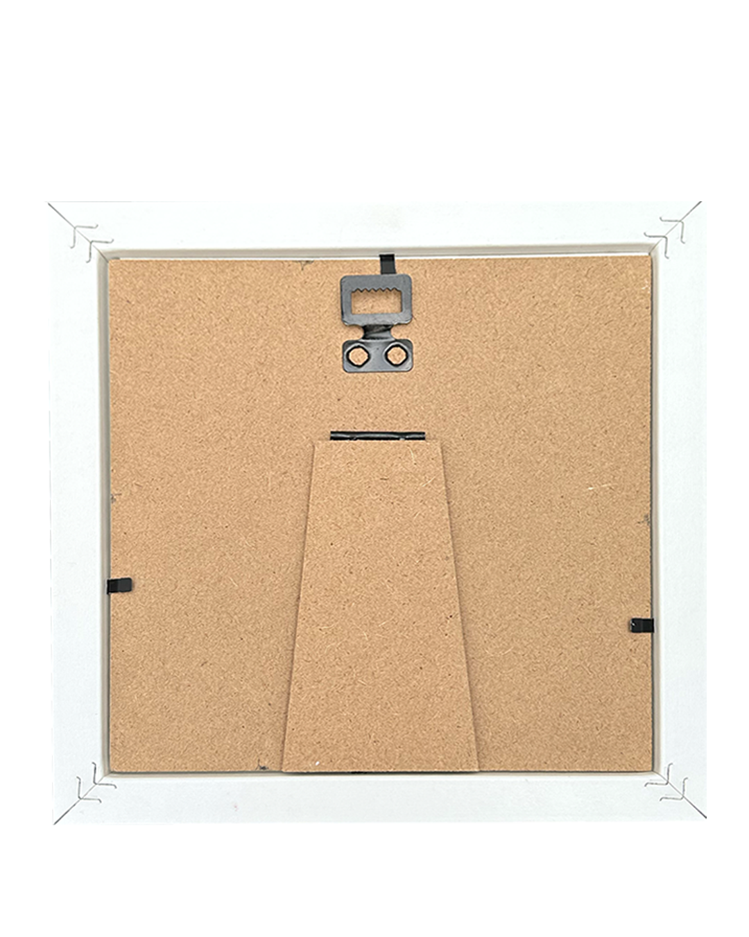 The back of a square picture frame with a white border, a tan cardboard backing, and metal hanging hardware at the top, shown on a white background.