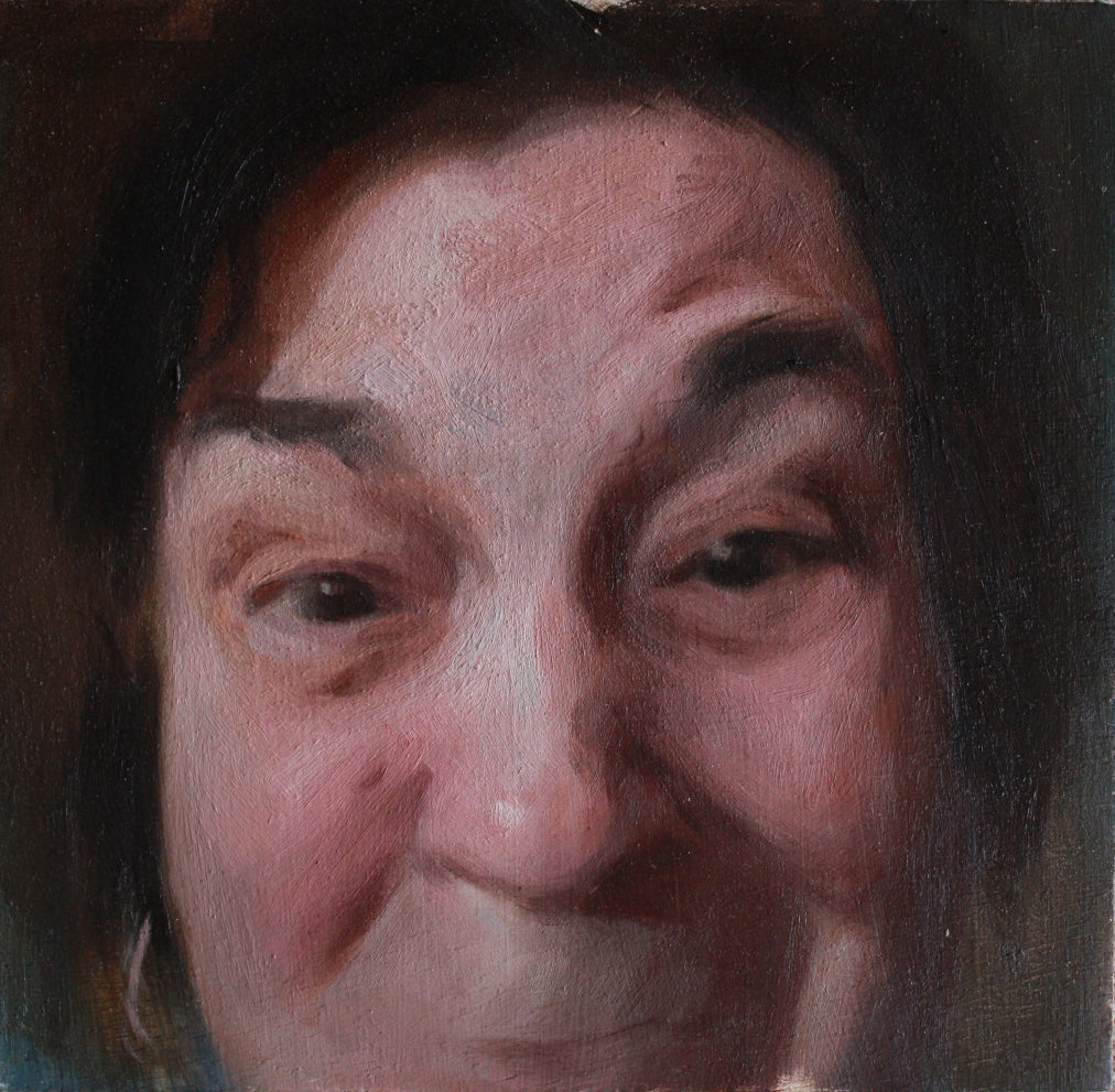 A close-up portrait painting of a person's face, showing dark hair, pinkish skin tones, and dark eyes against a dark background.