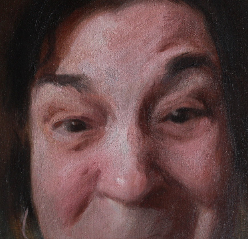 Close-up portrait painting of a person's face, showing the nose, eyes, cheeks, and dark hair in soft painterly brushwork.