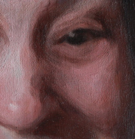 Close-up detail of a painted portrait showing part of a person's face with realistic skin tones, dark hair, and a visible brush texture.