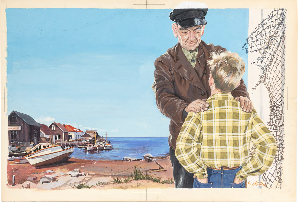 A vintage-style illustration showing an older man in a brown jacket and black cap comforting a young boy in a yellow plaid shirt, with a coastal village, boats, and blue sky in the background.