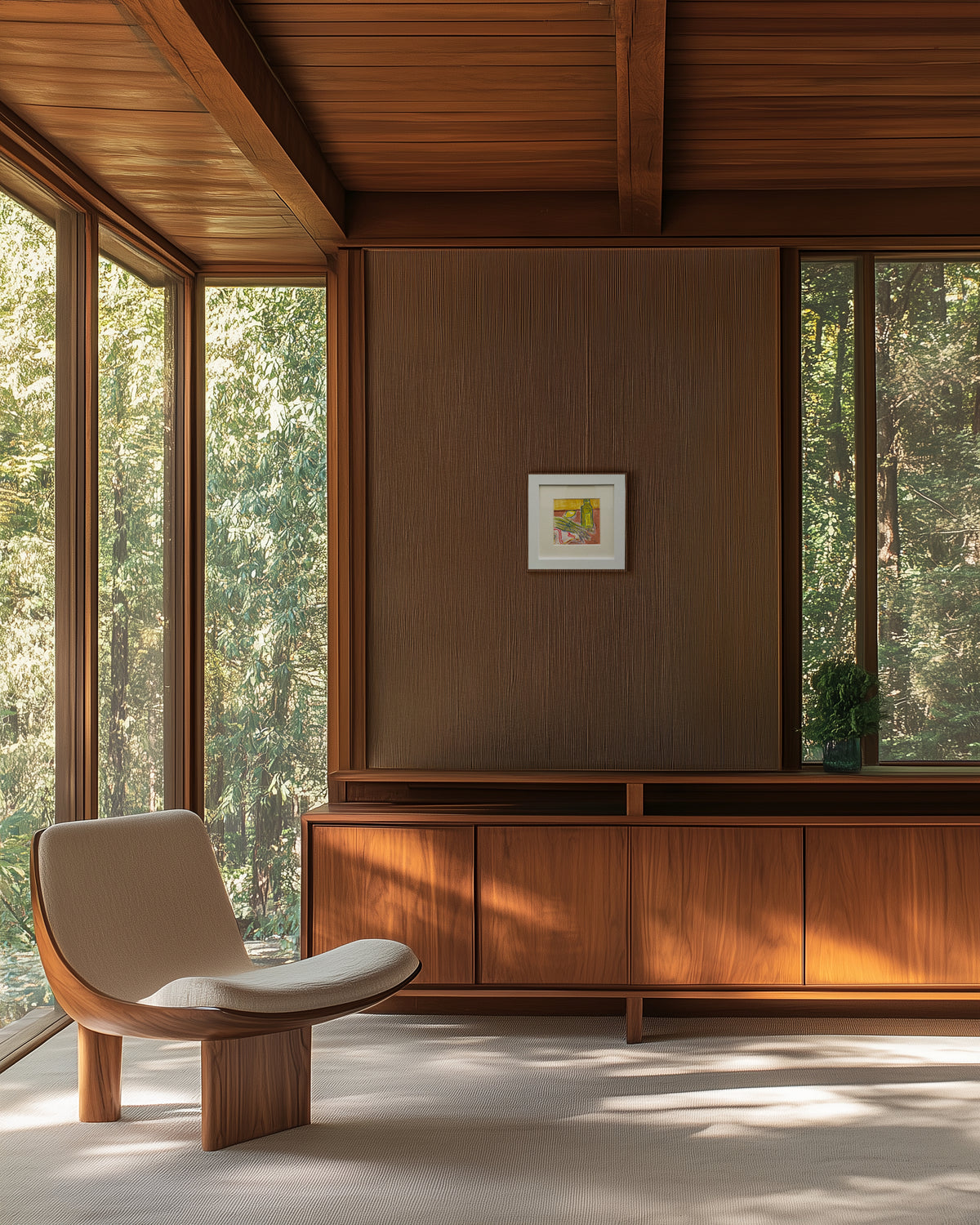 A mid-century modern wooden credenza with integrated cabinet doors and a curved accent console table in front, set in a sunlit room with large windows overlooking a forest. A sculptural wooden chair with a cream upholstered seat sits to the left.